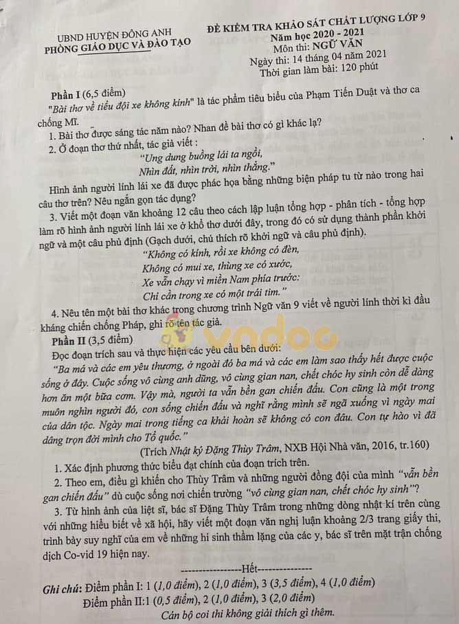 Đề thi học kì 2 lớp 9 môn Văn Phòng GD&ĐT huyện Đông Anh năm 2020 - 2021