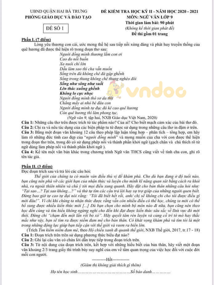 Đề thi học kì 2 lớp 9 môn Văn Phòng GD&ĐT Quận Hai Bà Trưng năm 2020 - 2021