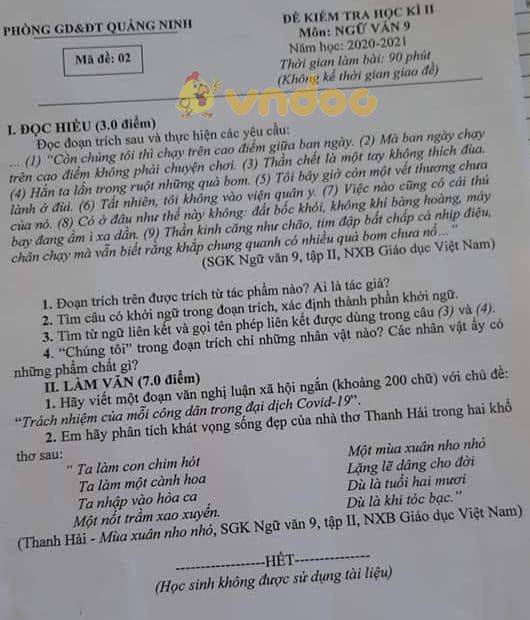 Đề thi học kì 2 lớp 9 môn Văn Phòng GD&ĐT Quảng Ninh năm 2020 - 2021