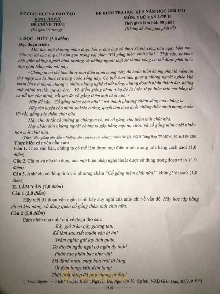 Đề thi học kì 2 môn Ngữ văn lớp 10 Sở GD&ĐT Bình Phước năm 2020-2021