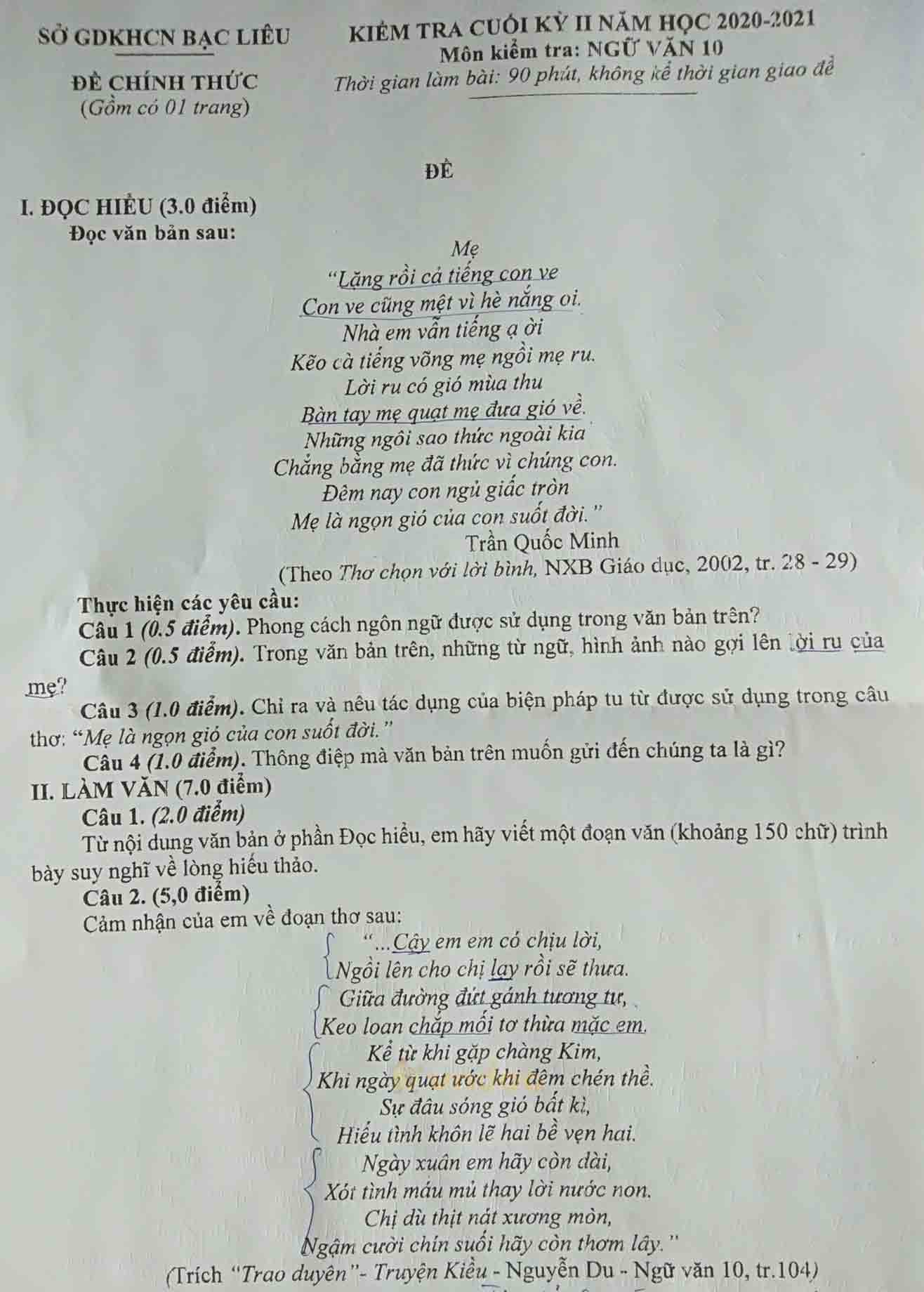 Đề thi học kì 2 môn Ngữ văn lớp 10 Sở GDKHCN Bạc Liêu năm 2020-2021