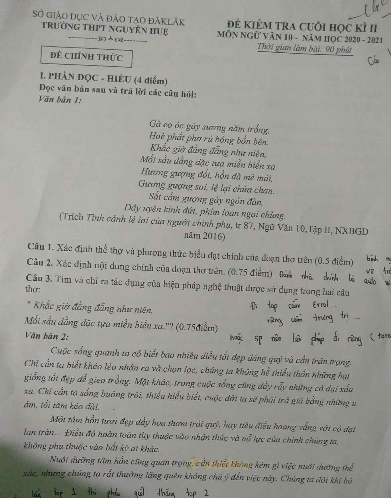 Đề thi học kì 2 môn Ngữ văn lớp 10 trường THPT Nguyễn Huệ, Đắklắk năm 2020-2021