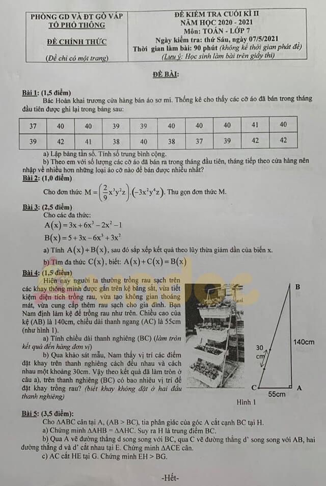 Đề thi hk2 Toán 7