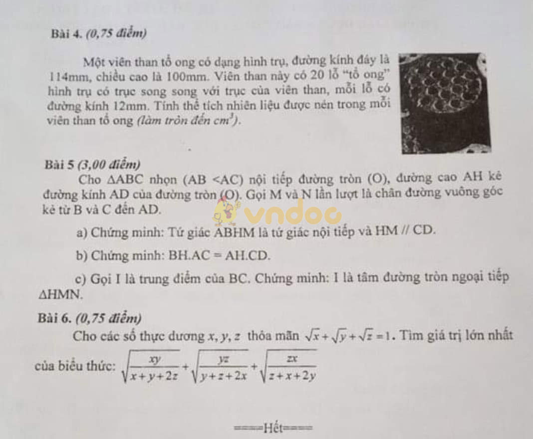 Đề thi học kì 2 Toán 9 phòng GD&ĐT huyện Vĩnh Bảo năm 2020 - 2021