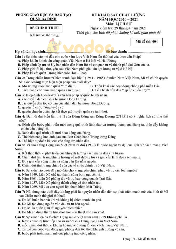 Đề KSCL môn lịch sử lớp 9 Phòng GD&ĐT Quận Ba Đình năm 2020 - 2021
