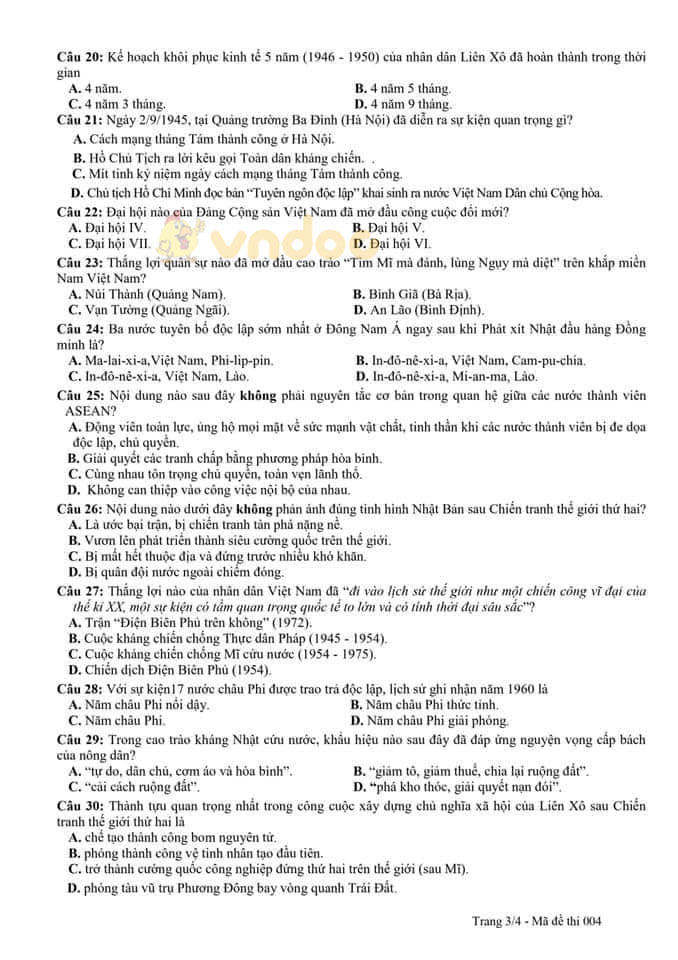 Đề KSCL môn lịch sử lớp 9 Phòng GD&ĐT Quận Ba Đình năm 2020 - 2021