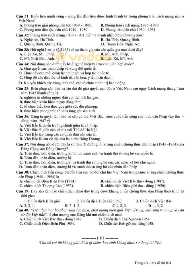 Đề KSCL môn lịch sử lớp 9 Phòng GD&ĐT Quận Ba Đình năm 2020 - 2021