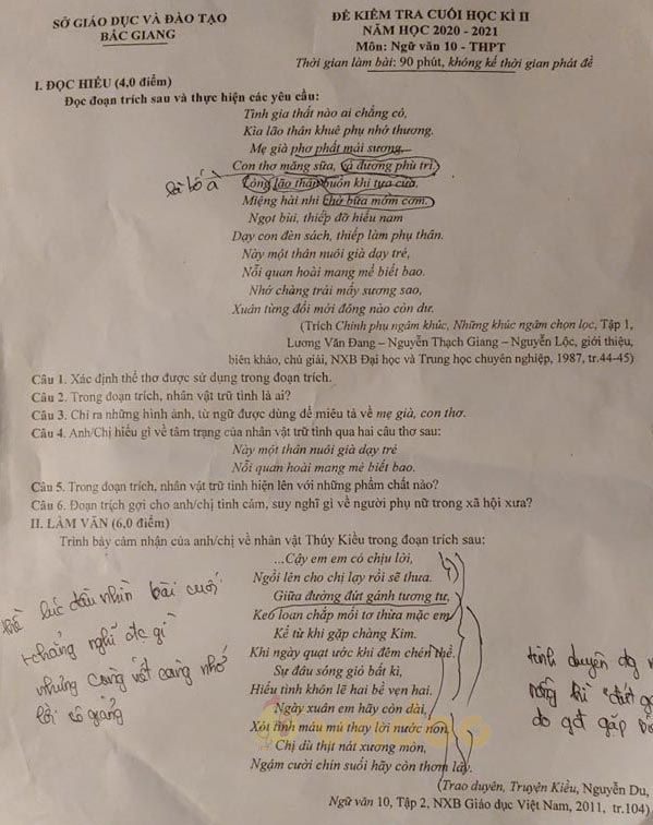 Đề thi học kì 2 môn Ngữ văn lớp 10 Sở GD&ĐT Bắc Giang năm 2020-2021