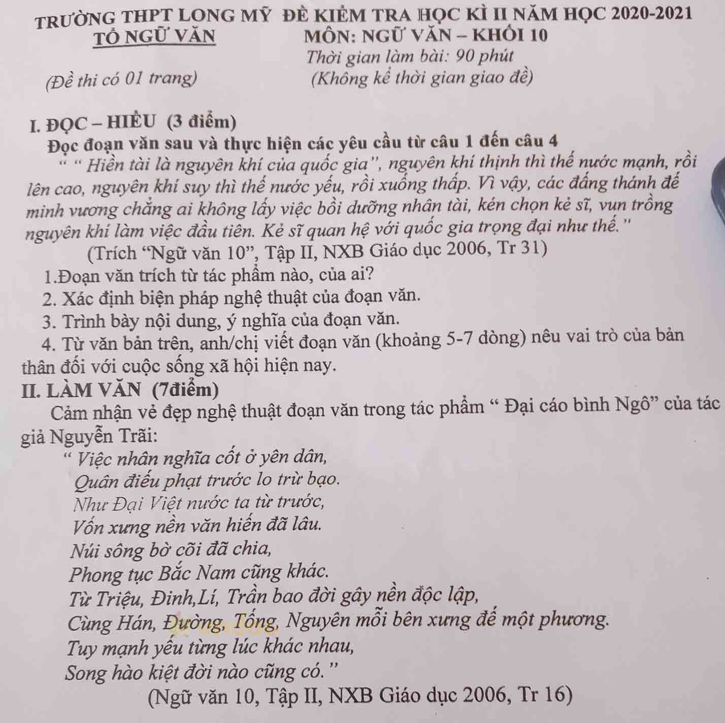 Đề thi học kì 2 môn Ngữ văn lớp 10 trường THPT Long Mỹ, Hậu Giang năm 2020-2021