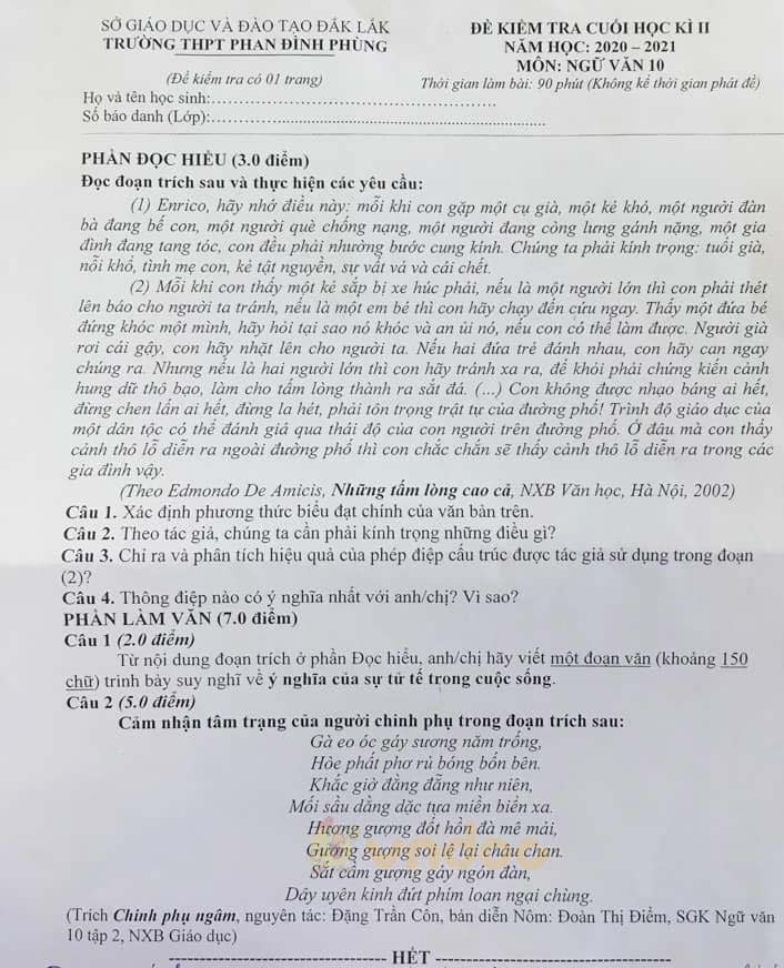 Đề thi học kì 2 môn Ngữ văn lớp 10 trường THPT Phan Đình Phùng, Đắk lắk năm 2020-2021