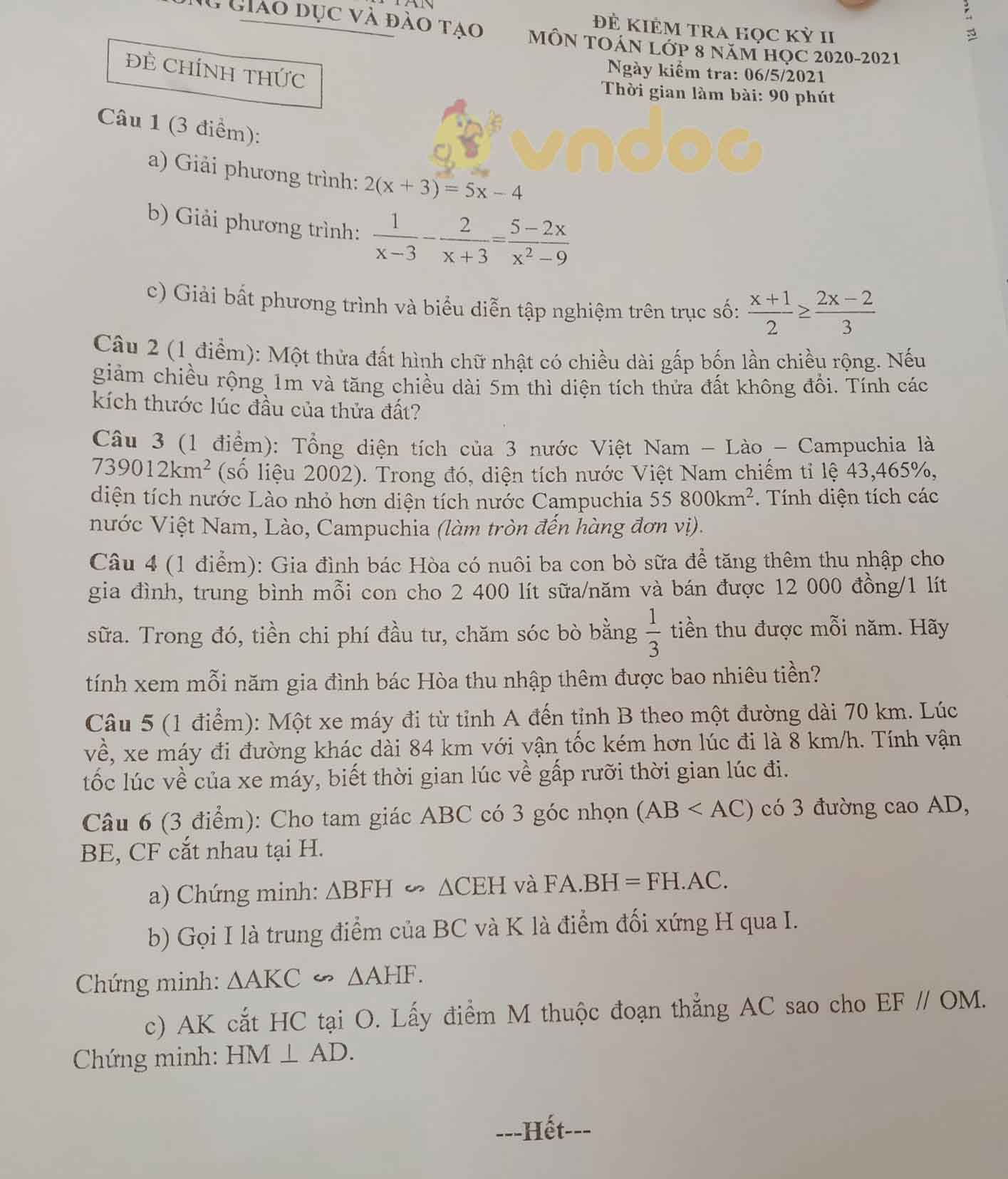 Đề thi học kì 2 Toán 8 Phòng GD&ĐT Bình Tân năm 2020 - 2021