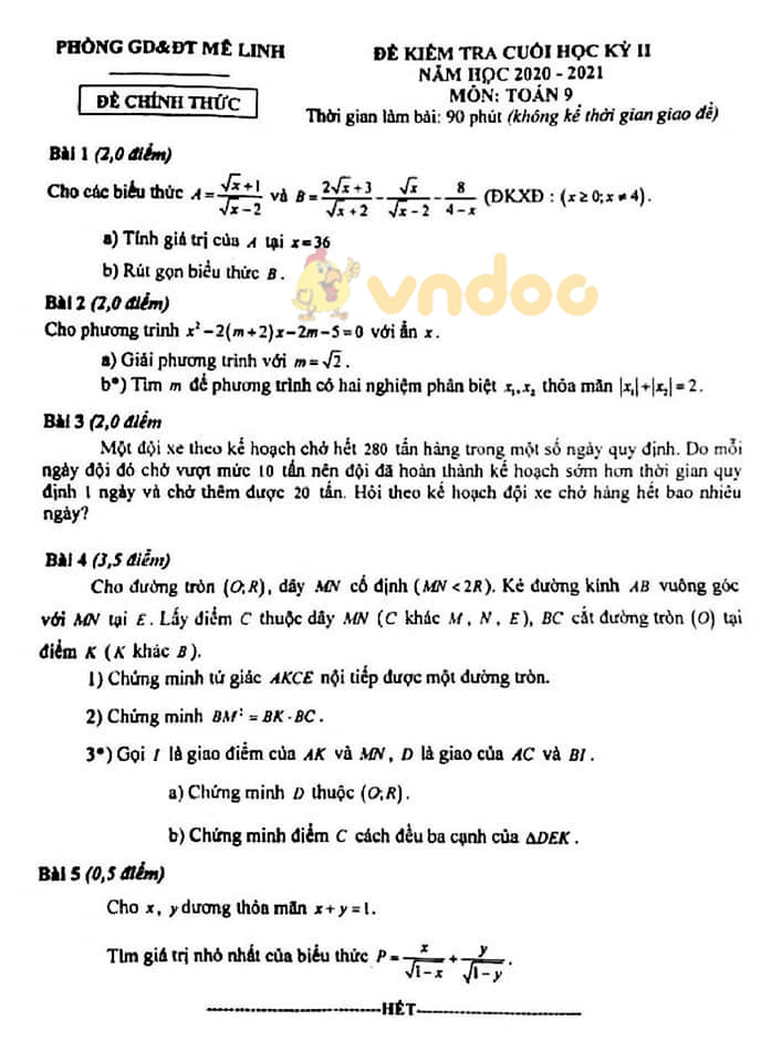 Đề thi học kì 2 Toán 9 Phòng GD&ĐT Mê Linh năm 2020 - 2021