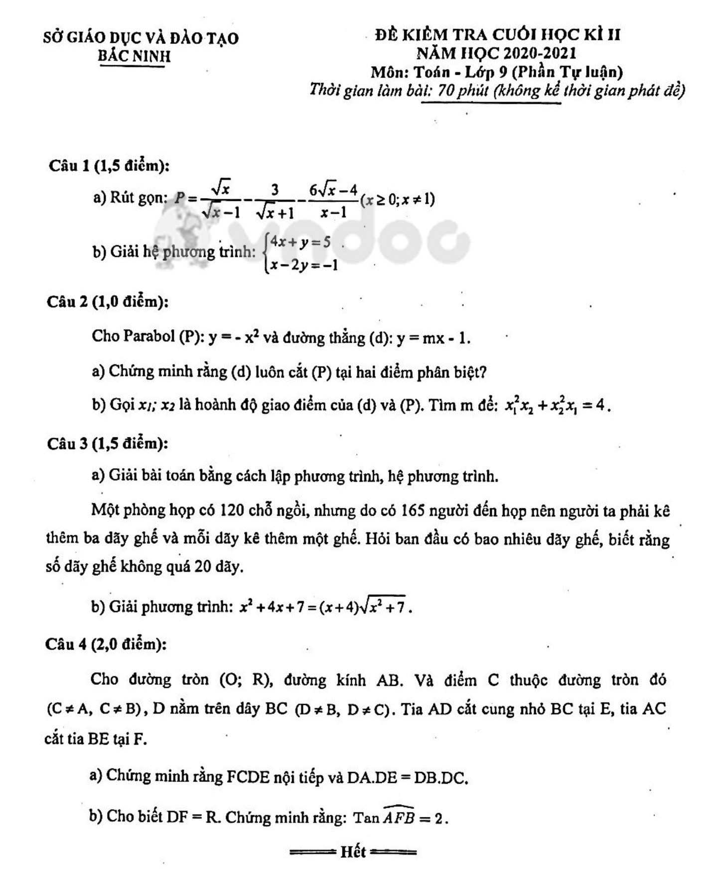 Đề thi học kì 2 Toán 9 Sở GD&ĐT Bắc Ninh năm 2020 - 2021