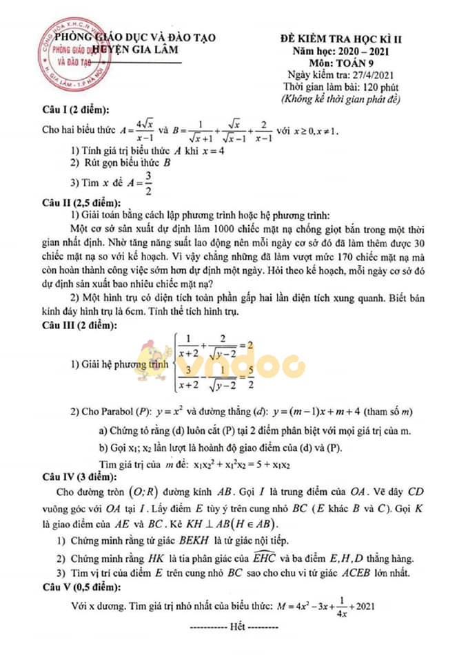 Đề thi học kì 2 Toán 9 Sở GD&ĐT huyện Gia Lâm năm 2020 - 2021