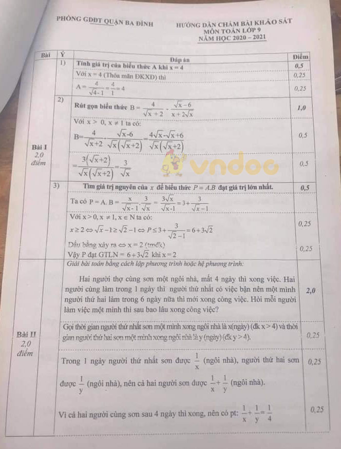 Đề thi KSCL vào lớp 10 môn Toán Phòng GD&ĐT Quận Ba Đình năm 2020 - 2021