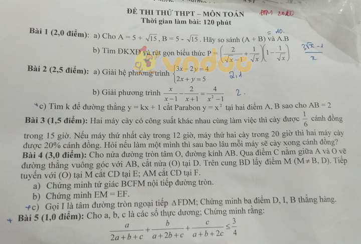 Đề thi thử vào lớp 10 môn Toán Trường Đặng Thai Mai, Nghệ An năm học 2021 - 2022