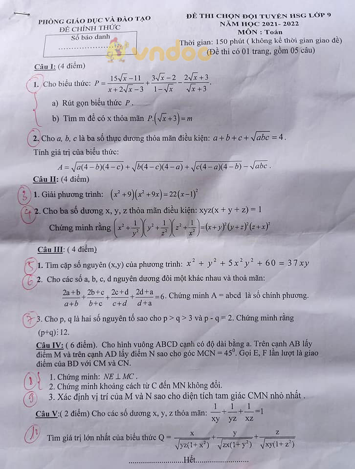 Đề thi chọn học sinh giỏi lớp 9 môn Toán năm 2020 - 2021