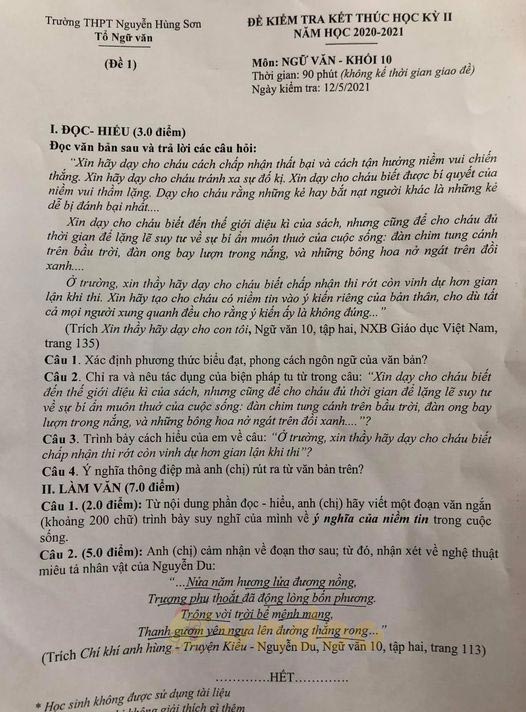 Đề thi học kì 2 môn Ngữ văn lớp 10 trường THPT Nguyễn Hùng Sơn, Kiên Giang năm 2020-2021