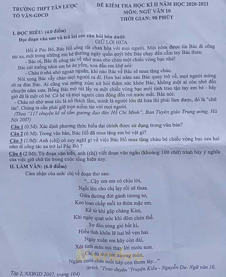 Đề thi học kì 2 môn Ngữ văn lớp 10 trường THPT Tân Lược, Vĩnh Long năm 2020-2021
