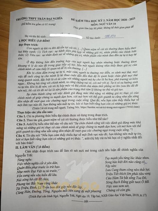 Đề thi học kì 2 môn Ngữ văn lớp 10 trường THPT Trần Đại Nghĩa năm 2020-2021