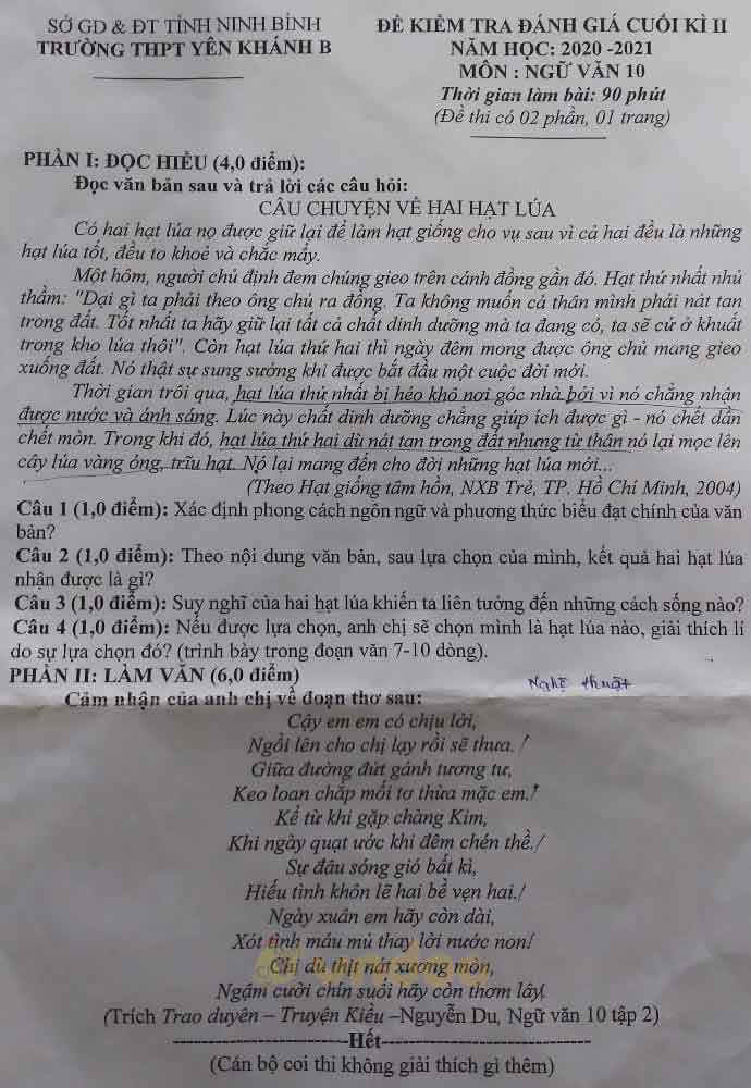 Đề thi học kì 2 môn Ngữ văn lớp 10 trường THPT Yên Khánh B, Ninh Bình năm 2020-2021