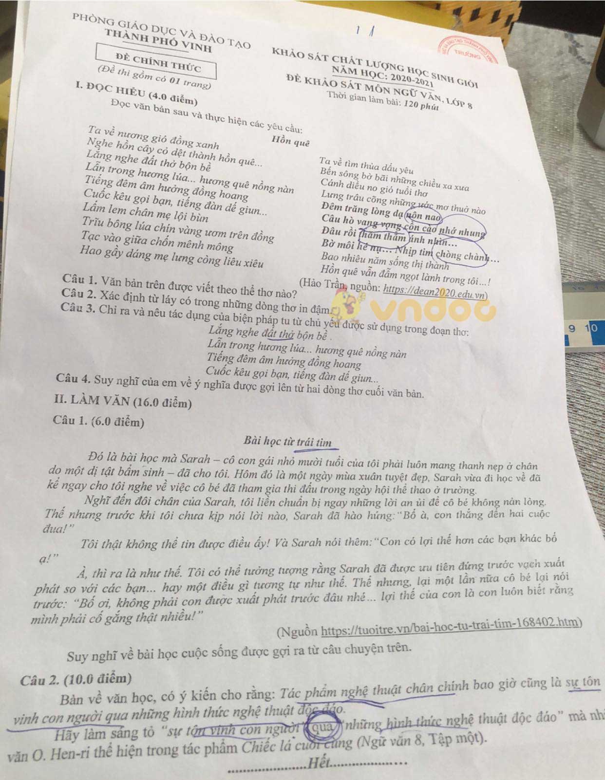 Đề thi học sinh giỏi lớp 8 môn Ngữ văn Phòng GD&ĐT Thành phố Vinh năm 2020 - 2021