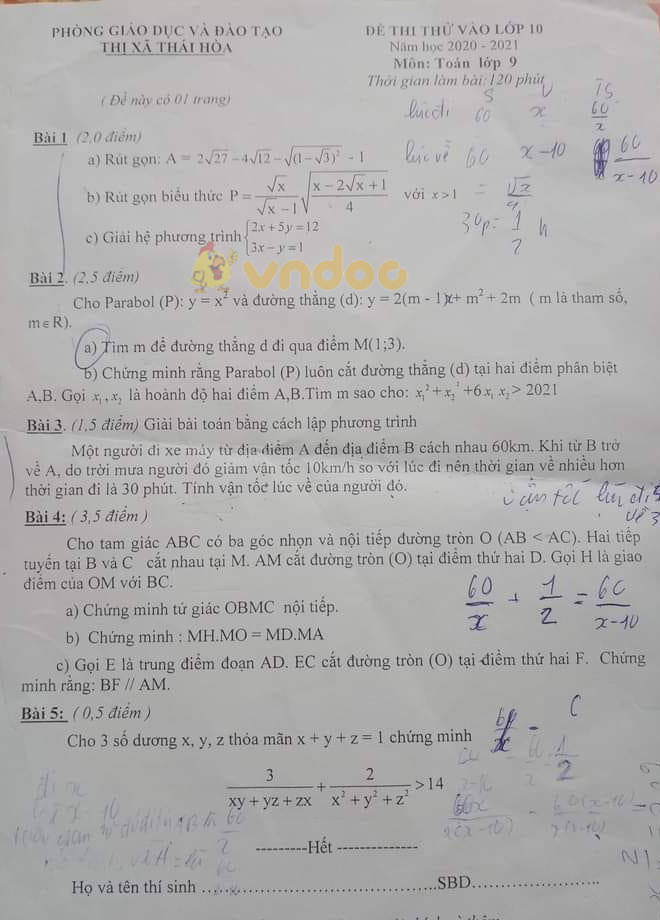 Đề thi thử vào lớp 10 môn Toán phòng GD&ĐT Thị xã Thái Hòa năm 2021 - 2022