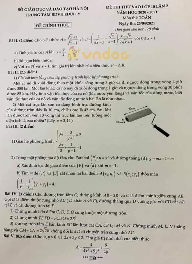 Đề thi thử vào lớp 10 môn Toán Trung tâm BDVH EDUFLY, Hà Nội năm 2020 - 2021 (lần 2)