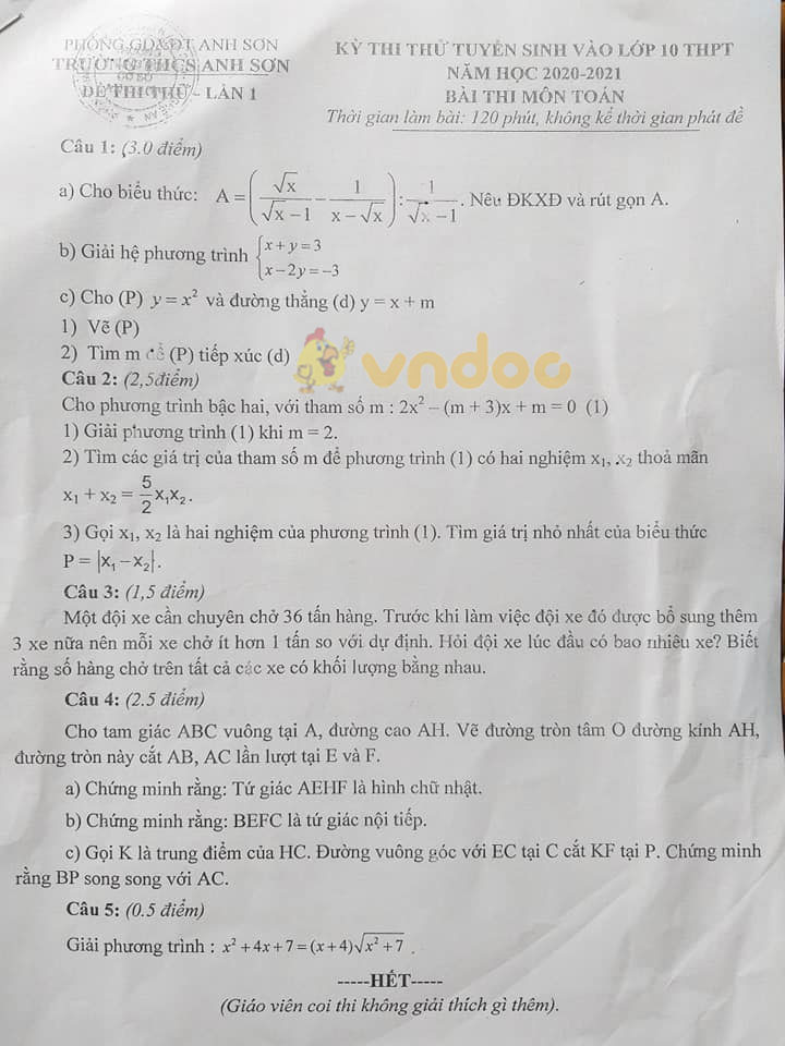 Đề thi thử vào lớp 10 môn Toán Trường THCS Anh Sơn năm 2020 - 2021 (lần 1)
