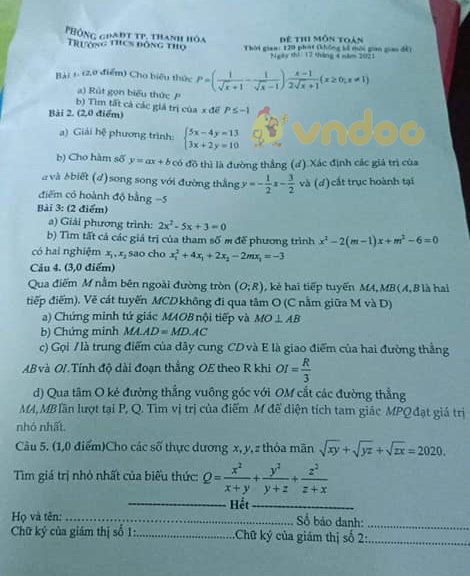 Đề thi thử vào lớp 10 môn Toán Trường THCS Đông Thọ, Thanh Hóa năm 2021 - 2022