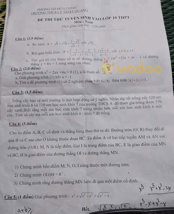 Đề thi thử vào lớp 10 môn Toán Trường THCS Lý Nhật Quang