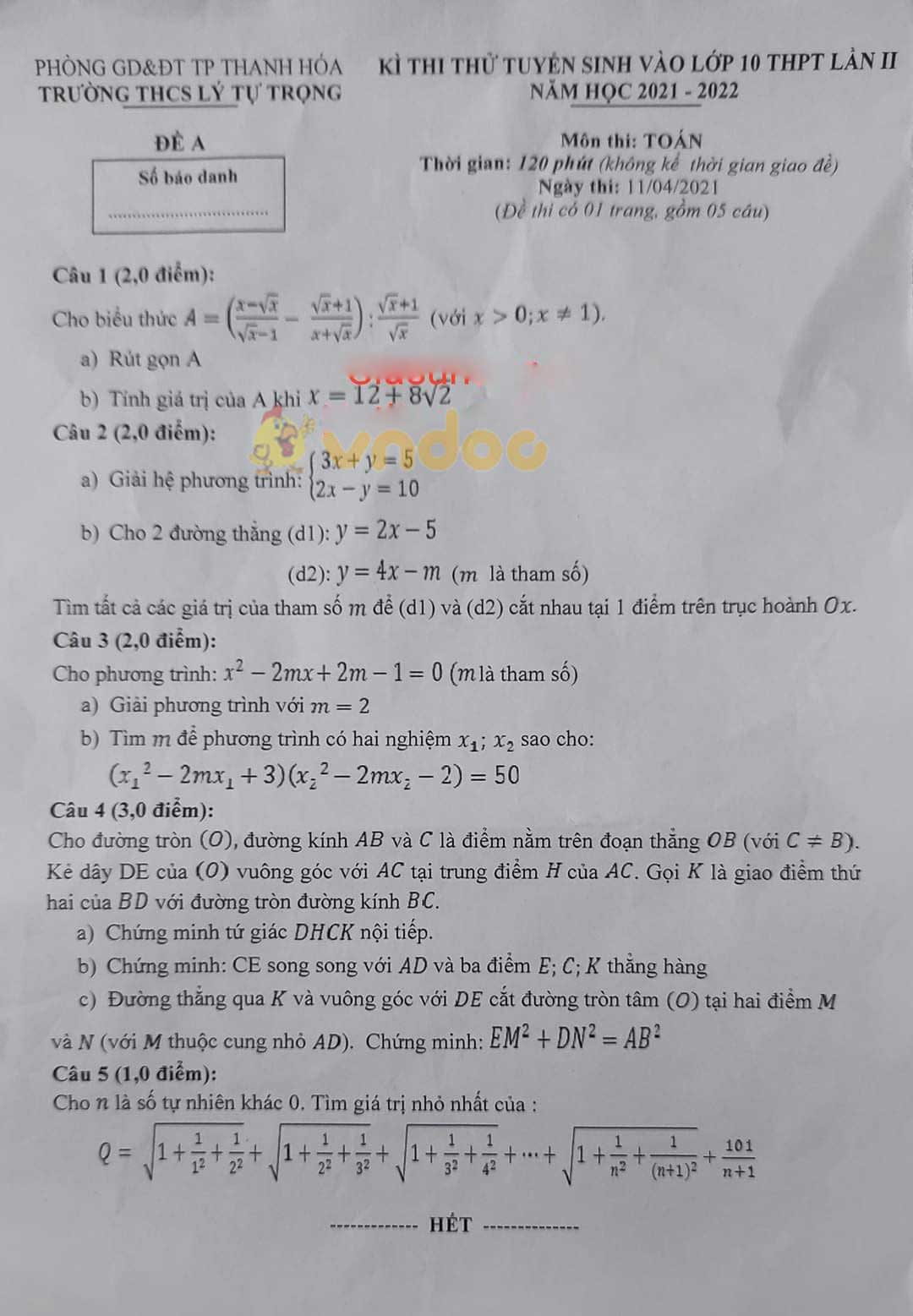 Đề thi thử vào lớp 10 môn Toán Trường THCS Lý Tự Trọng, Thanh Hóa năm 2021 - 2022 (lần 2)