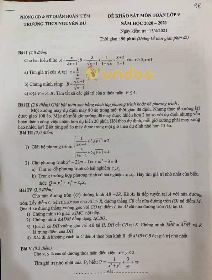 Đề thi thử vào lớp 10 môn Toán Trường THCS Nguyễn Du, Quận Hoàn Kiếm năm 2020 - 2021