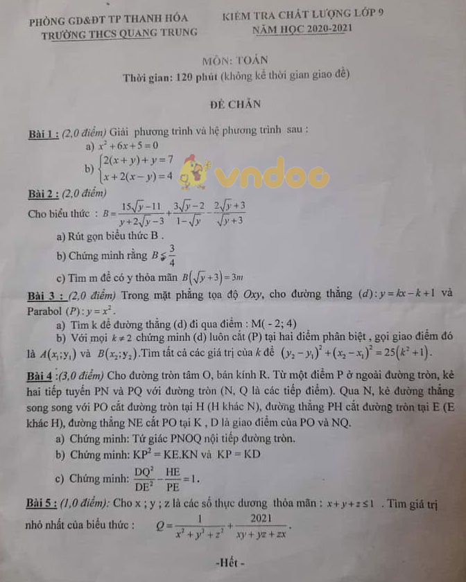 Đề thi thử vào lớp 10 môn Toán Trường THCS Quang Trung, Thanh Hóa năm 2021 - 2022