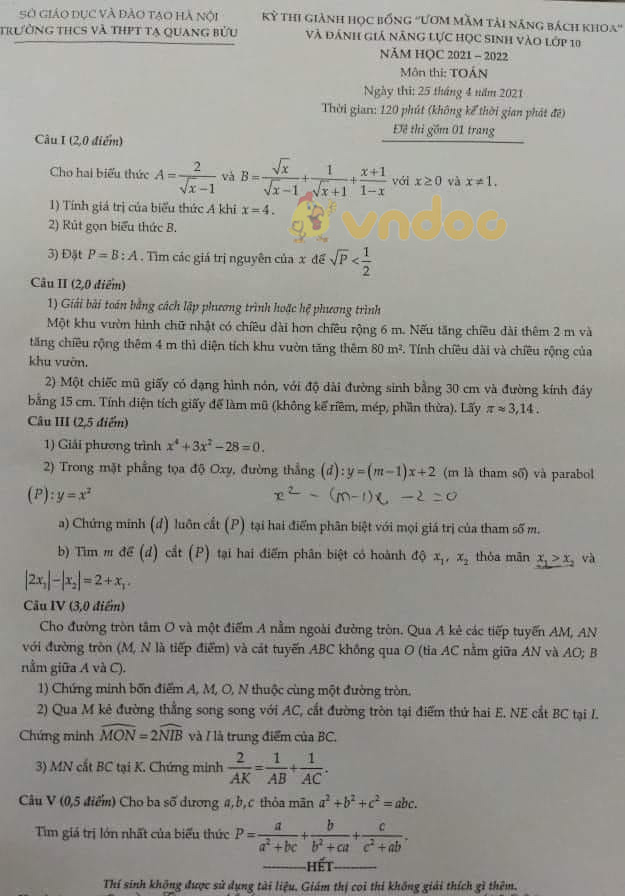 Đề thi thử vào lớp 10 môn Toán Trường THCS & THPT Tạ Quang Bửu năm 2021 - 2022