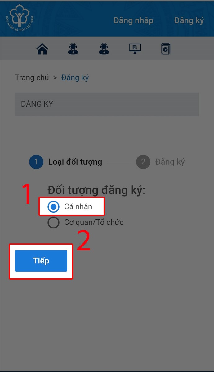 Tích vào ô Cá nhân, chọn Tiếp