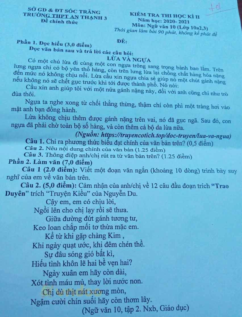 Đề thi học kì 2 môn Ngữ văn lớp 10 trường THPT An Thạnh 3, Sóc Trăng năm 2020-2021