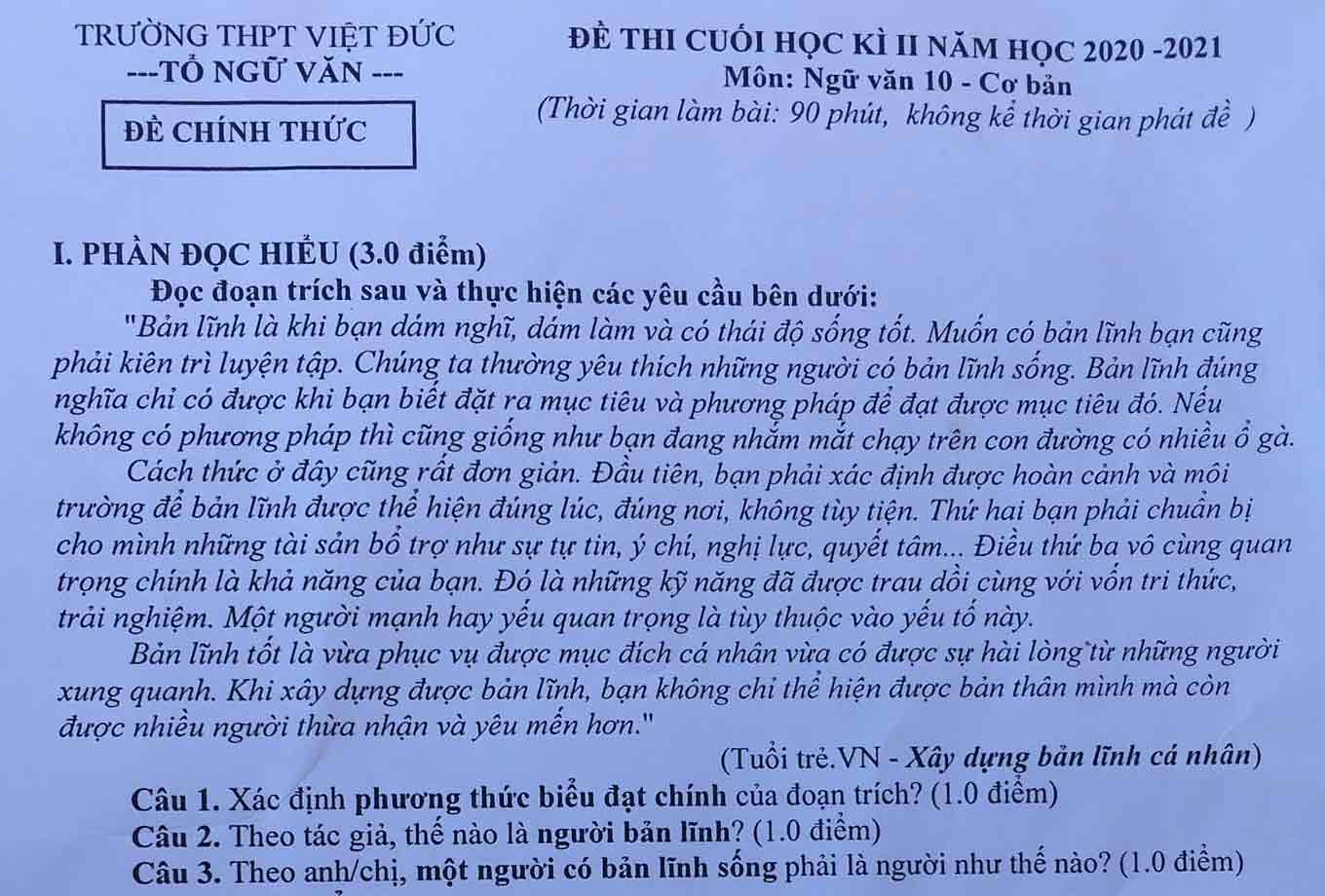 Đề thi học kì 2 môn Ngữ văn lớp 10 trường THPT Việt Đức năm 2020-2021