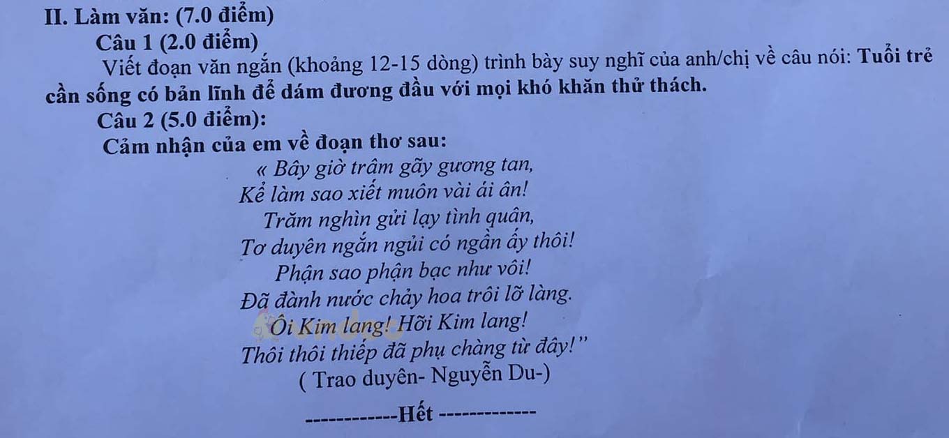 Đề thi học kì 2 môn Ngữ văn lớp 10 trường THPT Việt Đức năm 2020-2021
