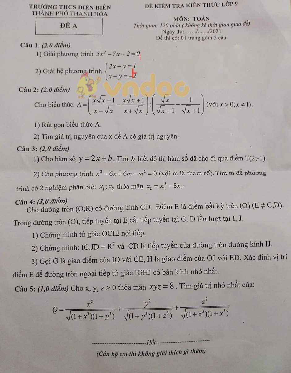 Đề thi thử vào lớp 10 môn Toán Trường THCS Điện Biên, Thanh Hóa năm 2021 - 2022