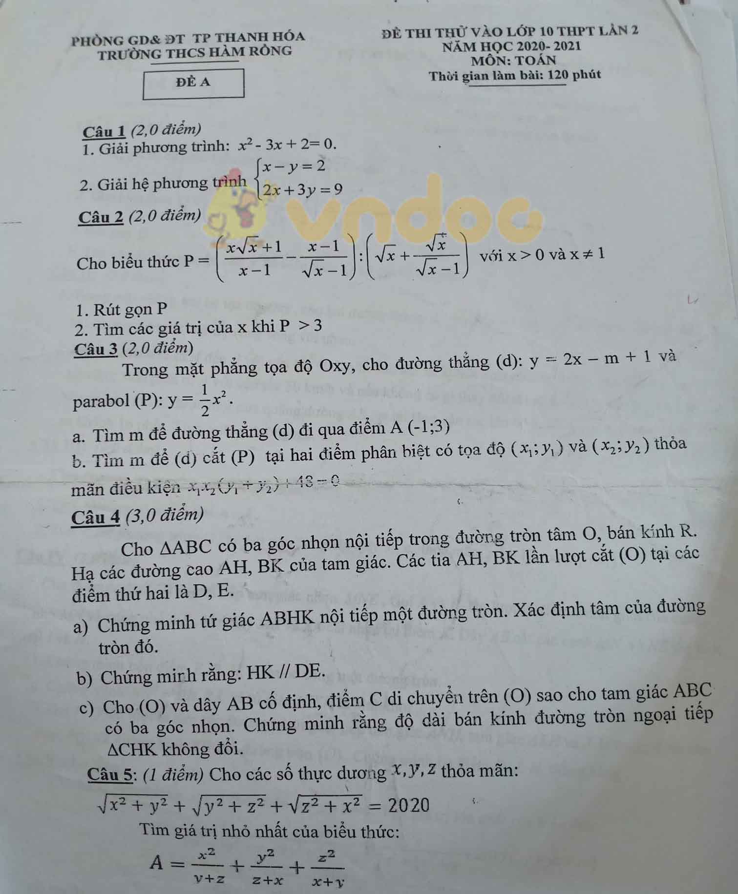 Đề thi thử vào lớp 10 môn Toán Trường THCS Hàm Rồng, Thanh Hóa năm 2021 - 2022 (lần 2)