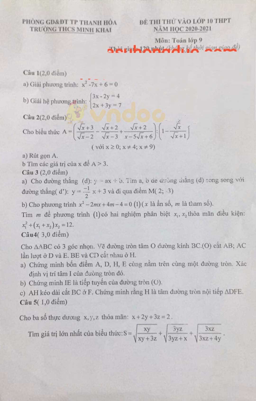 Đề thi thử vào lớp 10 môn Toán Trường THCS Minh Khai, Thanh Hóa năm 2021 - 2022