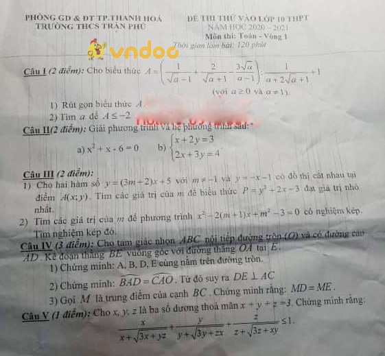 Đề thi thử vào lớp 10 môn Toán Trường THCS Trần Phú, Thanh Hóa năm 2021 - 2022