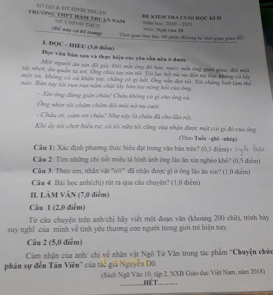 Đề thi học kì 2 môn Ngữ văn lớp 10 trường THPT Hàm Thuận Nam, Bình Thuận năm 2020-2021