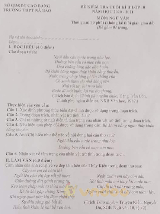 Đề thi học kì 2 môn Ngữ văn lớp 10 trường THPT Nà Bao, Cao Bằng năm 2020-2021