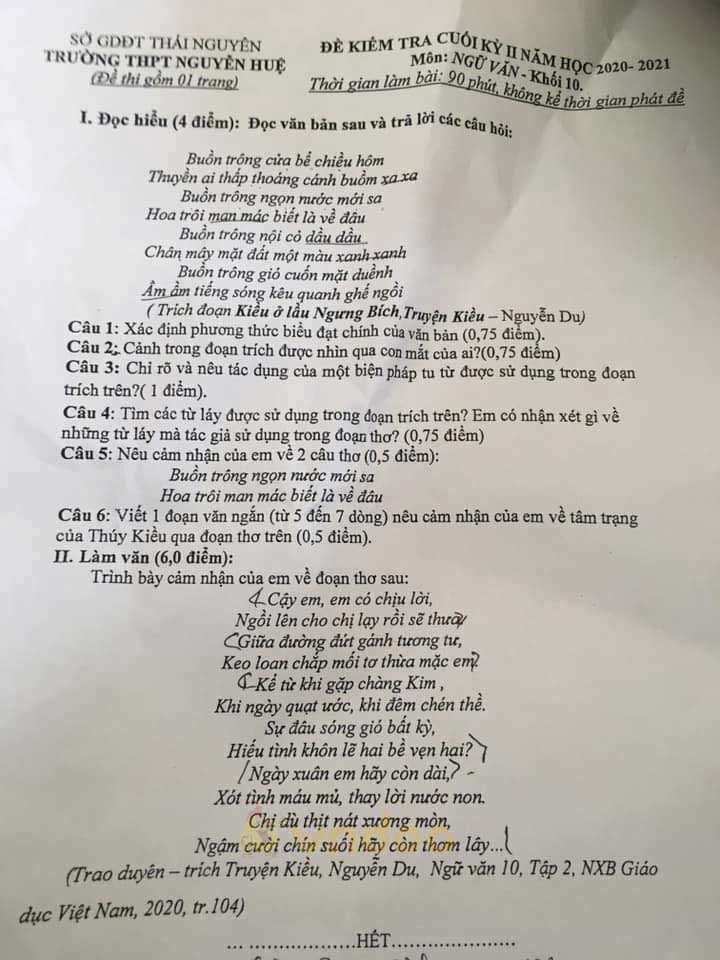 Đề thi học kì 2 môn Ngữ văn lớp 10 trường THPT Nguyễn Huệ, Thái Nguyên năm 2020-2021