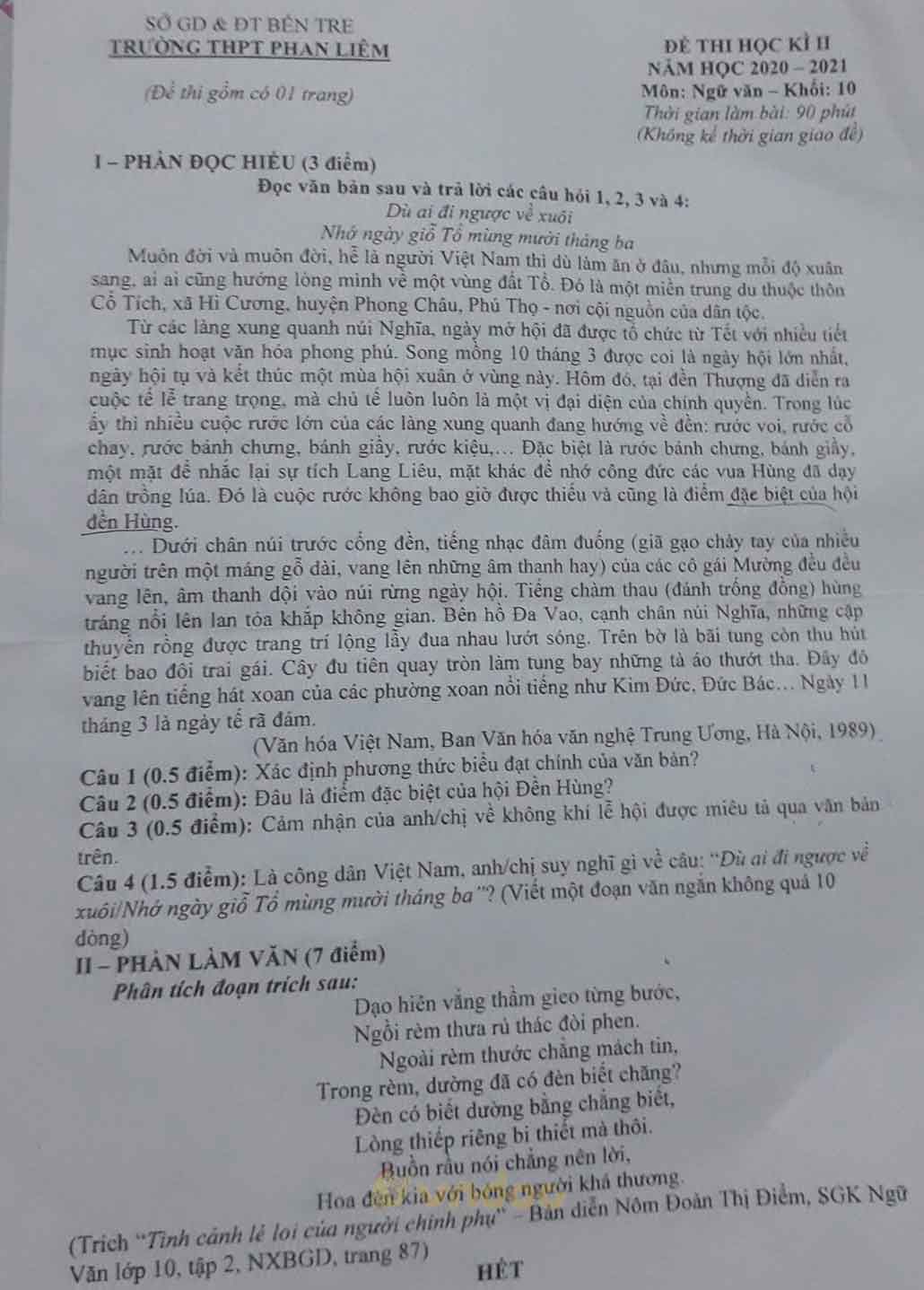 Đề thi học kì 2 môn Ngữ văn lớp 10 trường THPT Phan Liêm, Bến Tre năm 2020-2021