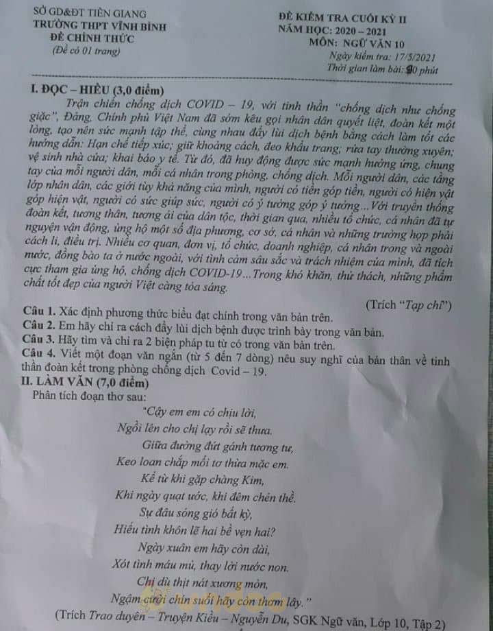 Đề thi học kì 2 môn Ngữ văn lớp 10 trường THPT Vĩnh Bình, Tiền Giang năm 2020-2021