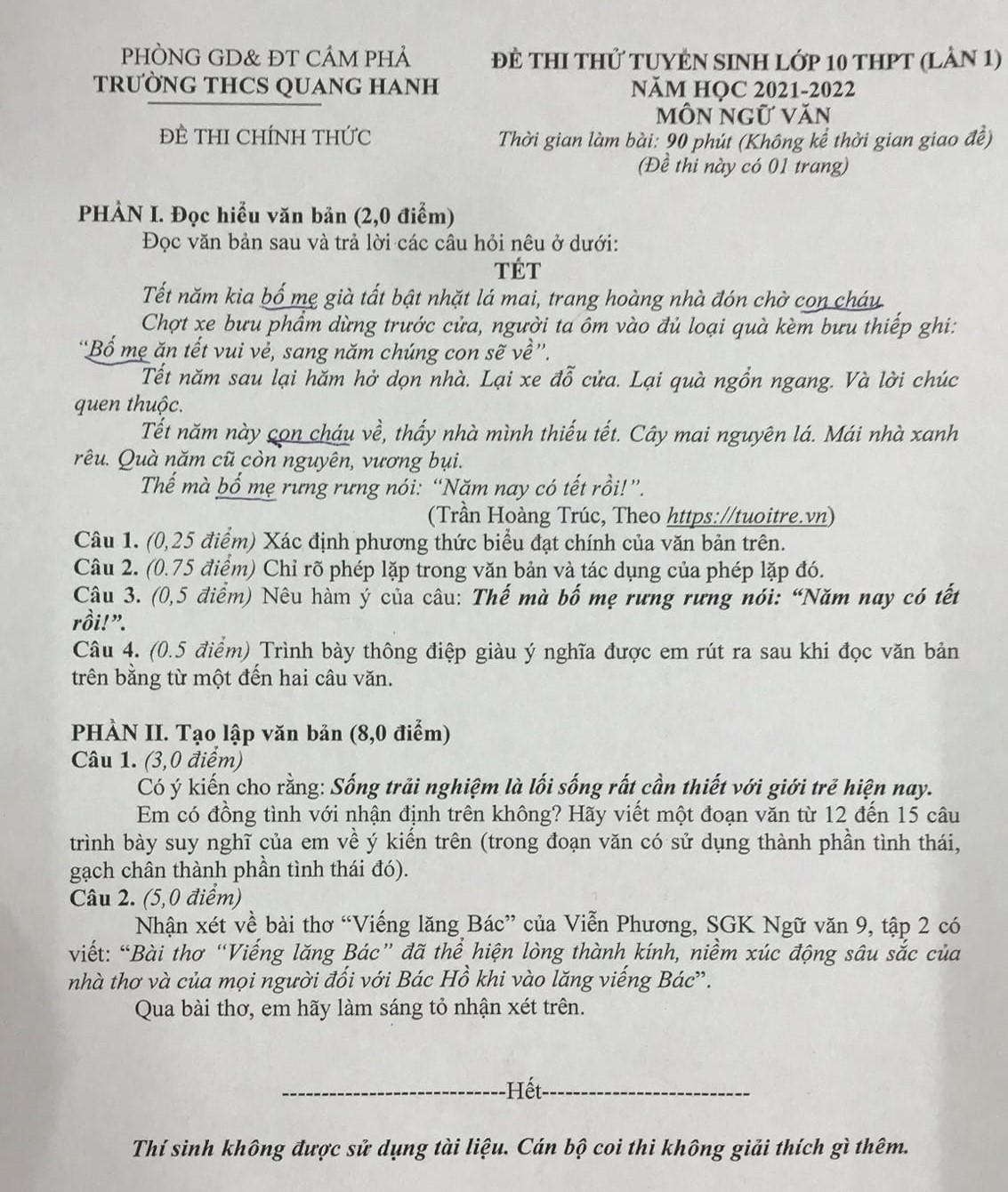 Đề thi thử tuyển sinh lớp 10 trường THCS Quang Hanh