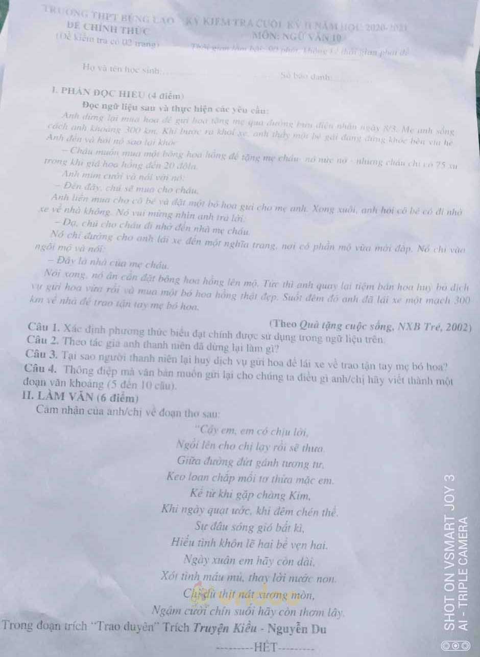 Đề thi học kì 2 môn Ngữ văn lớp 10 trường THPT Búng Lao, Điện Biên năm 2020-2021